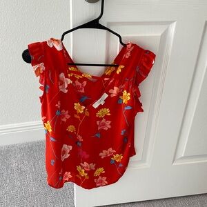 LOFT Red Floral Blouse with Ruffle Sleeves